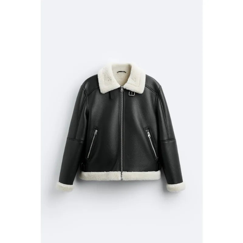 Warm Winter High-quality Lapel Suede Cashmere Piping Double-sided Motorcycle Punk Leather Jacket For Men