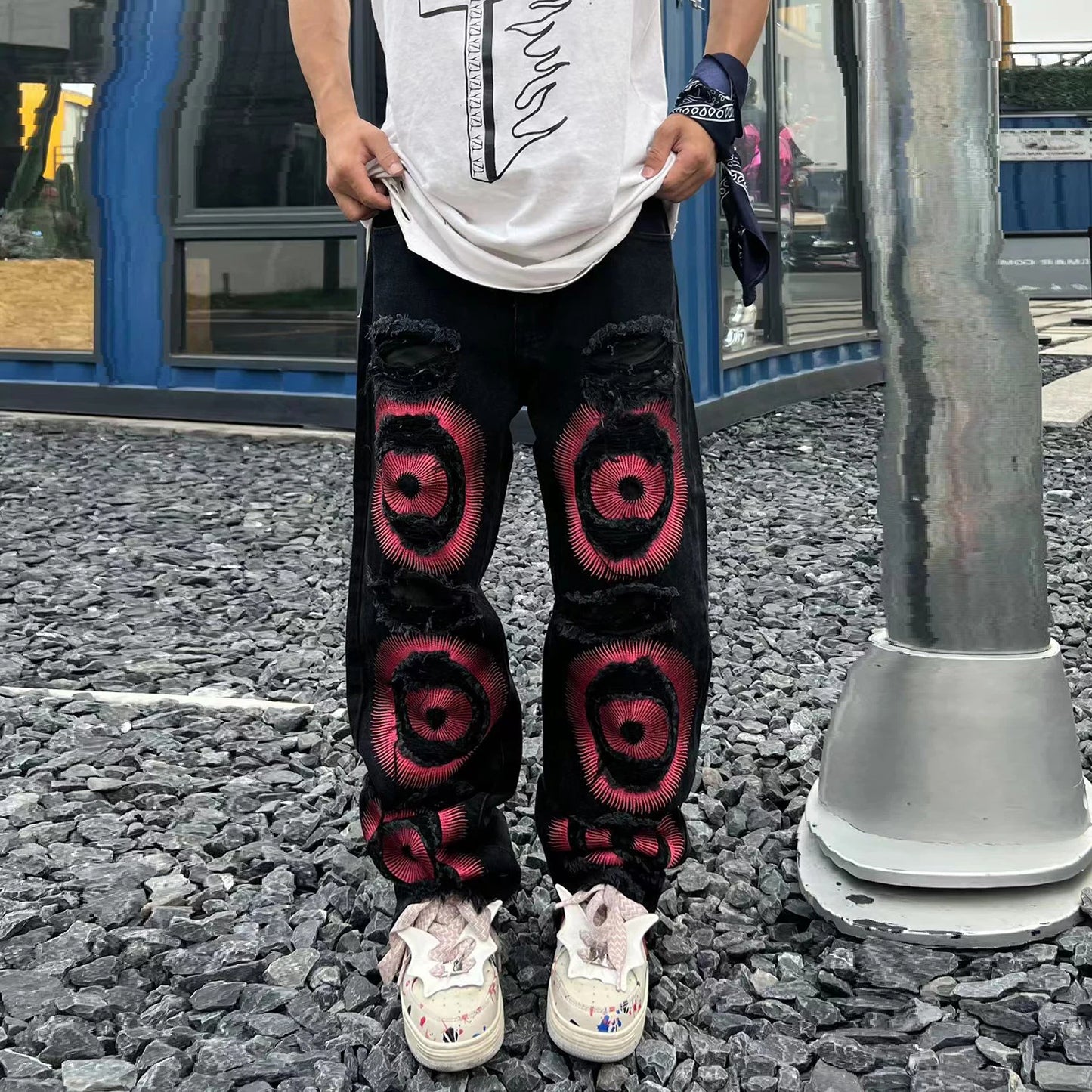 y2k streetwear embroidered ripped wide jeans for men washed destroyed torn flared jean male tassels hip hop jeans pants baggy ripped baggy denim