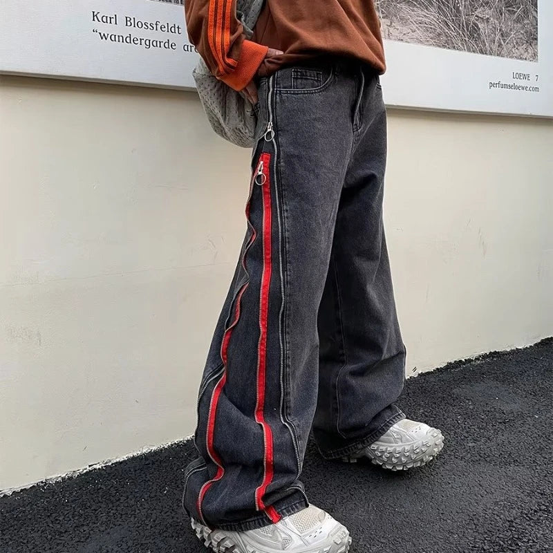 2023 cool design side zipper oversize hip hop men wide jeans pants y2k clothes straight loose punk denim trousers pantalon homme unique jeans style 1781
