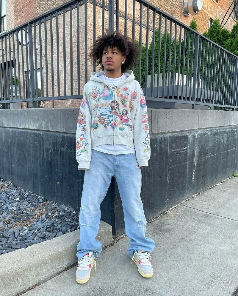American Street Goth Harajuku Cartoon Print Oversized Sweatshirt Men Y