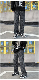 blue black plaid jeans men retro casual wide leg jeans mens streetwear loose hip hop straight denim trousers men vintage jeans unique jeans style 3937