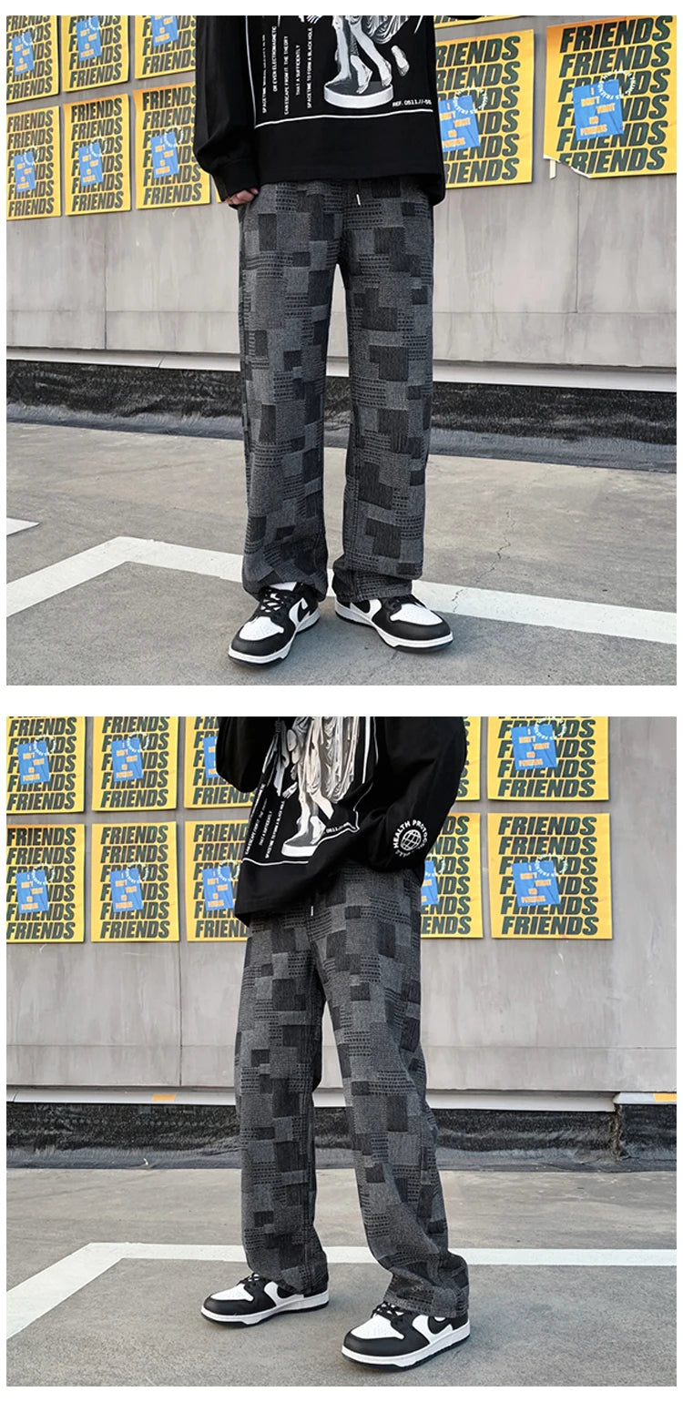 blue black plaid jeans men retro casual wide leg jeans mens streetwear loose hip hop straight denim trousers men vintage jeans unique jeans style 3937
