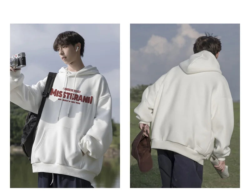 American Retro Casual Hoodies For Men Letter Printed Loose Fit Hooded