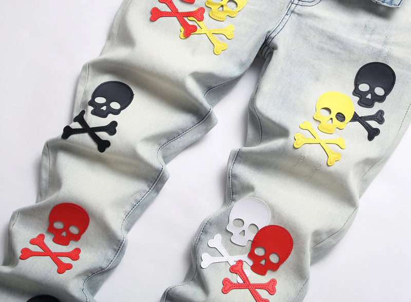 2023 brand new patch light skull head bone chemist tie dyed jeans cotton denim pants comfort casual skinny jeans 32 44 266 unique jeans style 5738