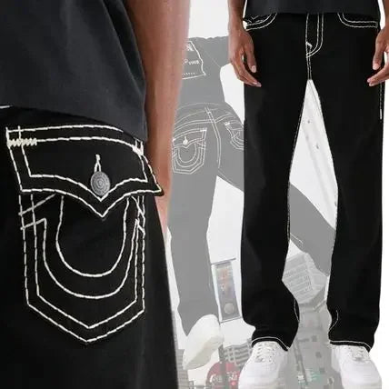 true religion y2k gothic vintage hip hop street leisure denim pants fashion embroidered straight leg wide leg jeans men clothing ripped baggy denim