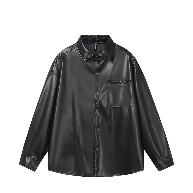 Fashion PU Jacket Shirt Men's Streetwear Oversize Loose Casual Long Sleeve Shirt Coat Plus Size Shirts Blouses for Men Clothes