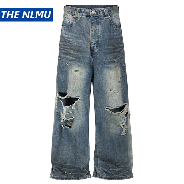 mens baggy jeans blue distressed ripped loose denim pants streetwear oversized hip hop jeans trousers vintage washed jeans