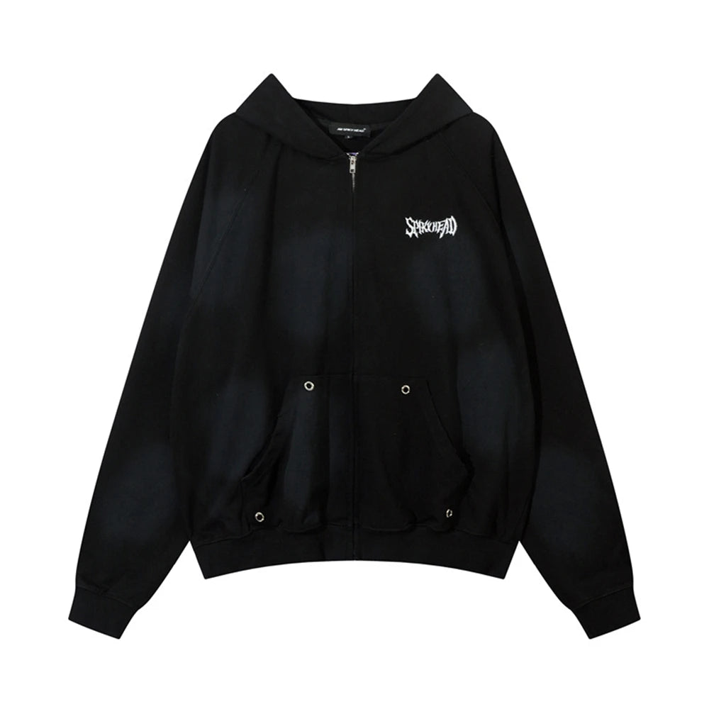 Vintage Zip Up Hoodie Jacket Y2K Punk Gothic Loose Washed Hooded Sweat