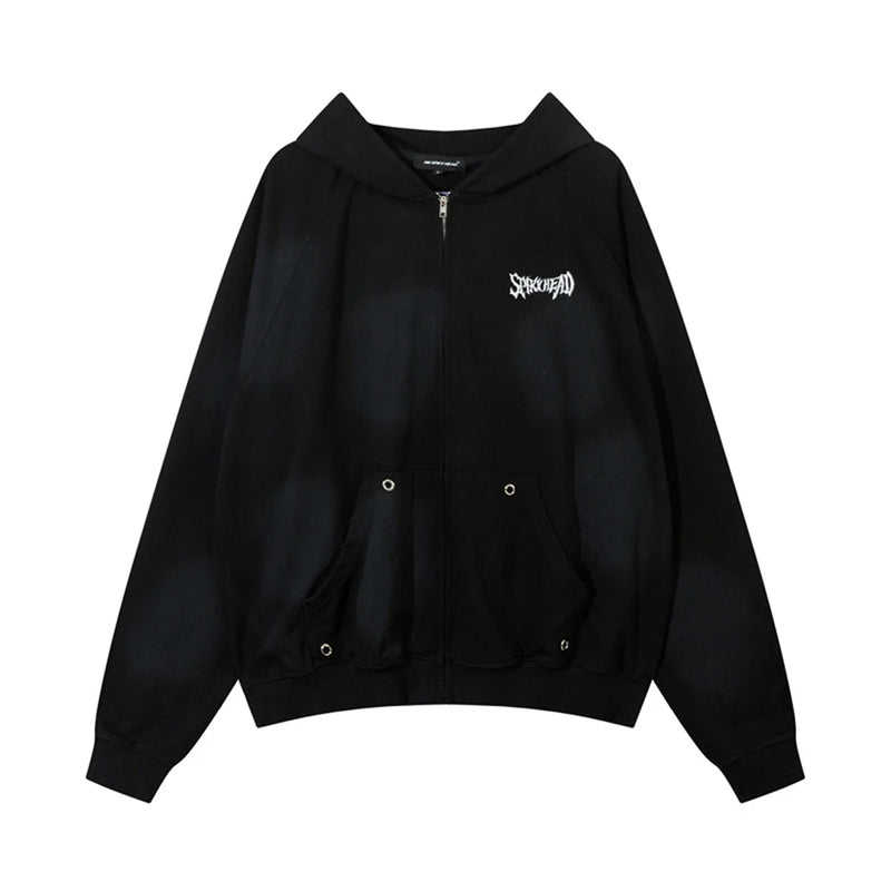 Vintage Zip Up Hoodie Jacket Y2K Punk Gothic Loose Washed Hooded Sweat