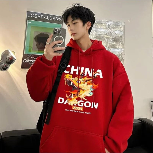 2024 New China Dragon Graphic Hoodies Men Hip Hop Streetwear Hoodie