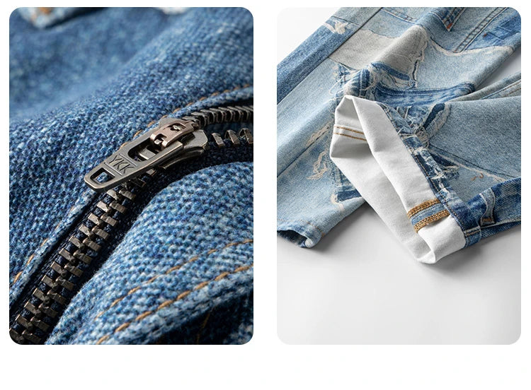 fashion fake patchwork printed denim jeans mens new casual zipper straight loose jeans streetwear hip hop baggy pants joggers unique joggers style 2428
