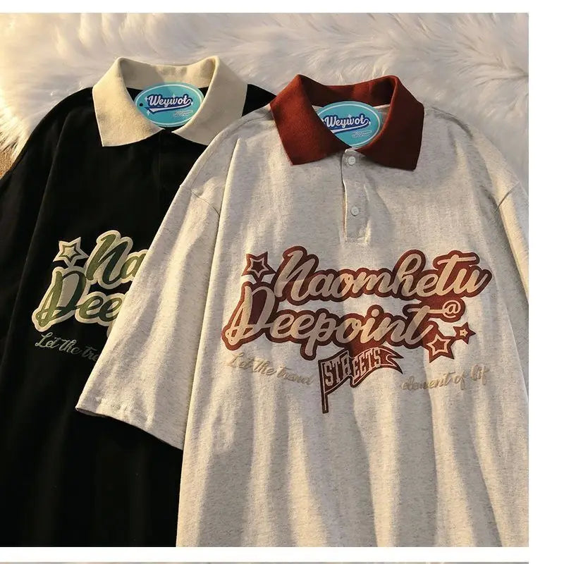 American retro personalized design letter print polo short sleeved men and women loose summer student couple casual y2k top