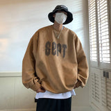 Suede Korean Trendy Round Neck Sweatshirt for Men American Retro Print Trendy Brand Autumn Loose Couple Wear Jacket Tops