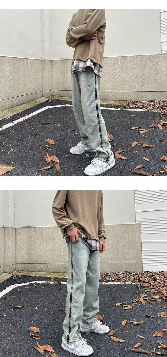2023 new fashion side zipper hip hop men stretch jeans pants streetwear washed retro straight women denim trousers ropa hombre unique jeans style 732