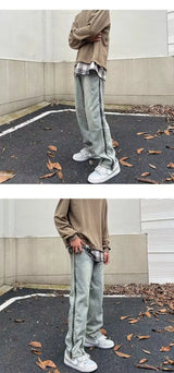 2023 new fashion side zipper hip hop men stretch jeans pants streetwear washed retro straight women denim trousers ropa hombre unique jeans style 732