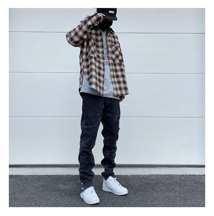 Mens Plaid Shirts New Fashion Single Breasted Hip Hop Loose Shirts Autumn Winter Casual Long Sleeve High Street Streetwear