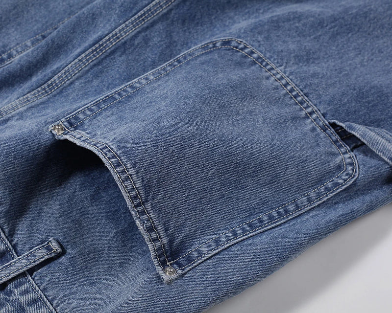 2024 new fashion blue pockets jeans for men and women streetwear casual cargo pants washed solid color denim trousers oversized unique cargo style 4492