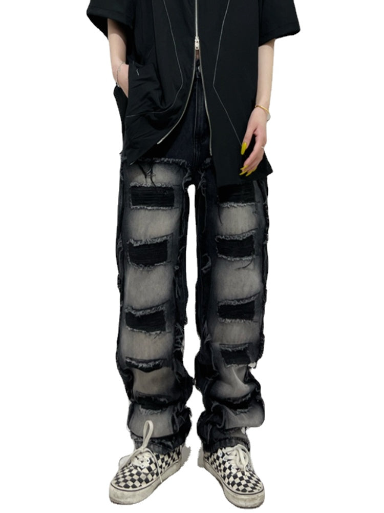 fashion distressed washed wtih moustache effect denim jean pants mens casual straight trousers streetwear hip hop joggers pants unique joggers style 2339