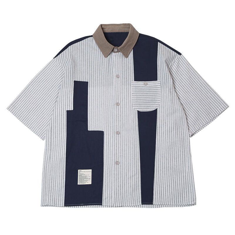 2023 Summer New Light Luxury Fashion Tooling Short-sleeved Shirt Men Loose Couple Casual Striped Shirt Boutique Clothing