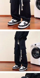 american retro and personalized straight leg jeans for men and women with hiphop big pocket design work pants loose casual pants unique jeans style 773