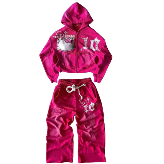 gothic cartoon embroidered letters pink loose hoodie sweatshirt 2 piece sets womens outfits streetwear zipper hoodie y2k clothes urban fashion pants
