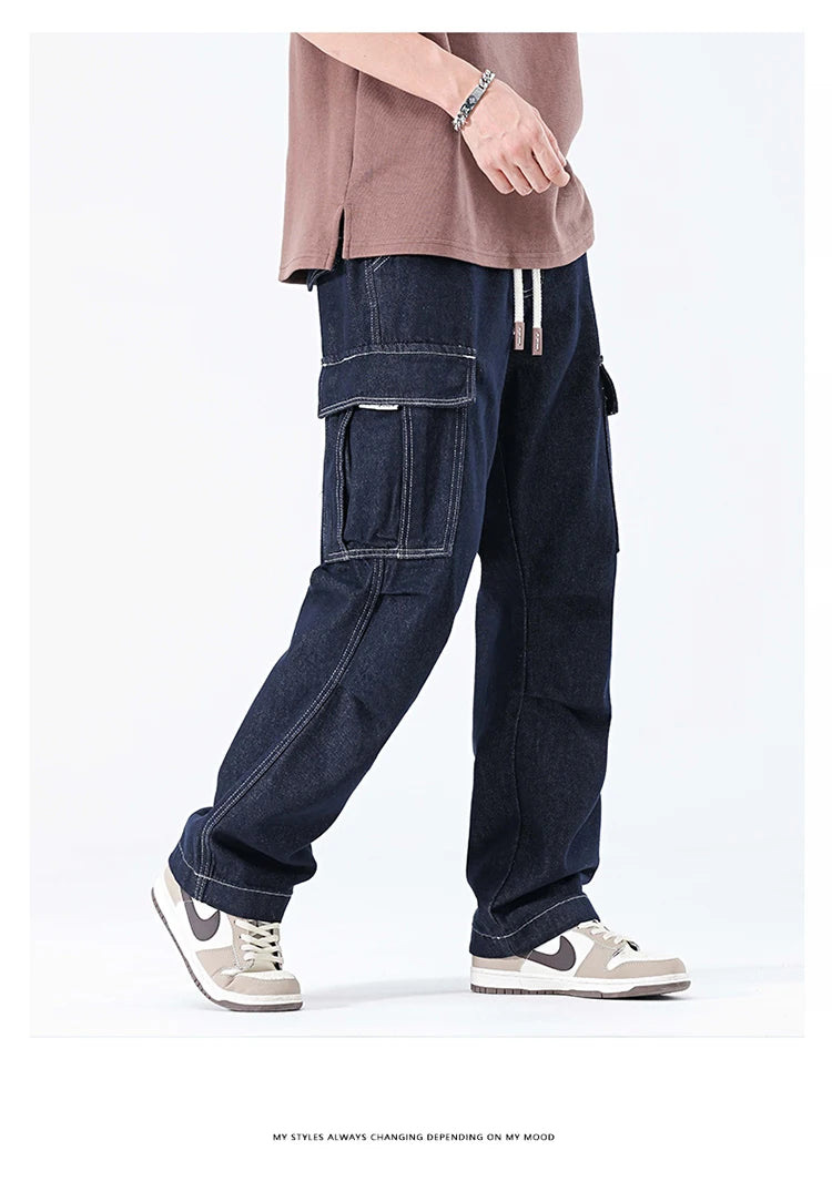 men autumn summer streetwear fashion plus size loose casual straight cargo jeans pant campus boy jeans trousers unique cargo style 2392
