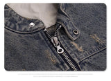 graphic outerwear featuring collarless wash denim motorcycle jacket design – premium quality jacket for men