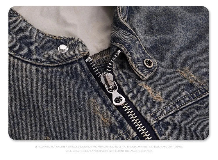 graphic outerwear featuring collarless wash denim motorcycle jacket design – premium quality jacket for men