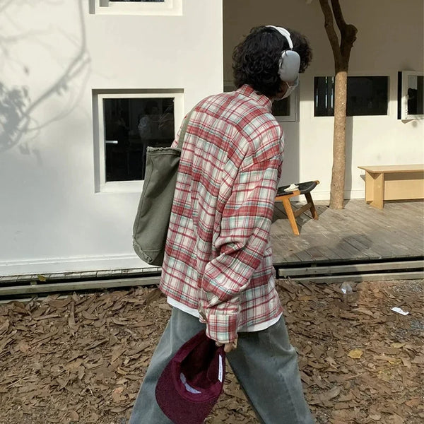 American retro loose casual brushed plaid shirt men's organ pocket vintage vintage lazy style long-sleeved shirt jacket shirts