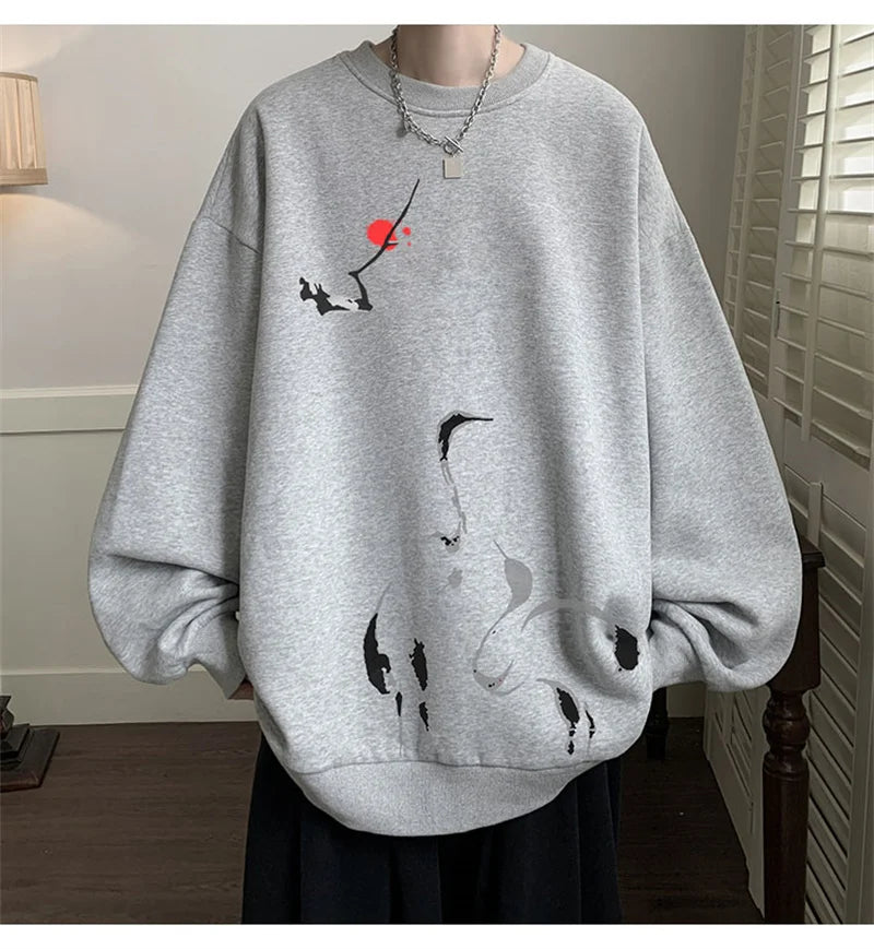 Ink Painting Cartoon Crane Printed Pullover Hoodies For Men 2024 New H