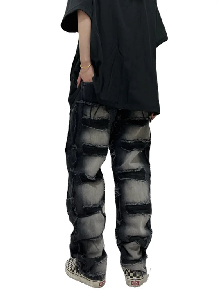 fashion distressed washed wtih moustache effect denim jean pants mens casual straight trousers streetwear hip hop joggers pants urban active pants