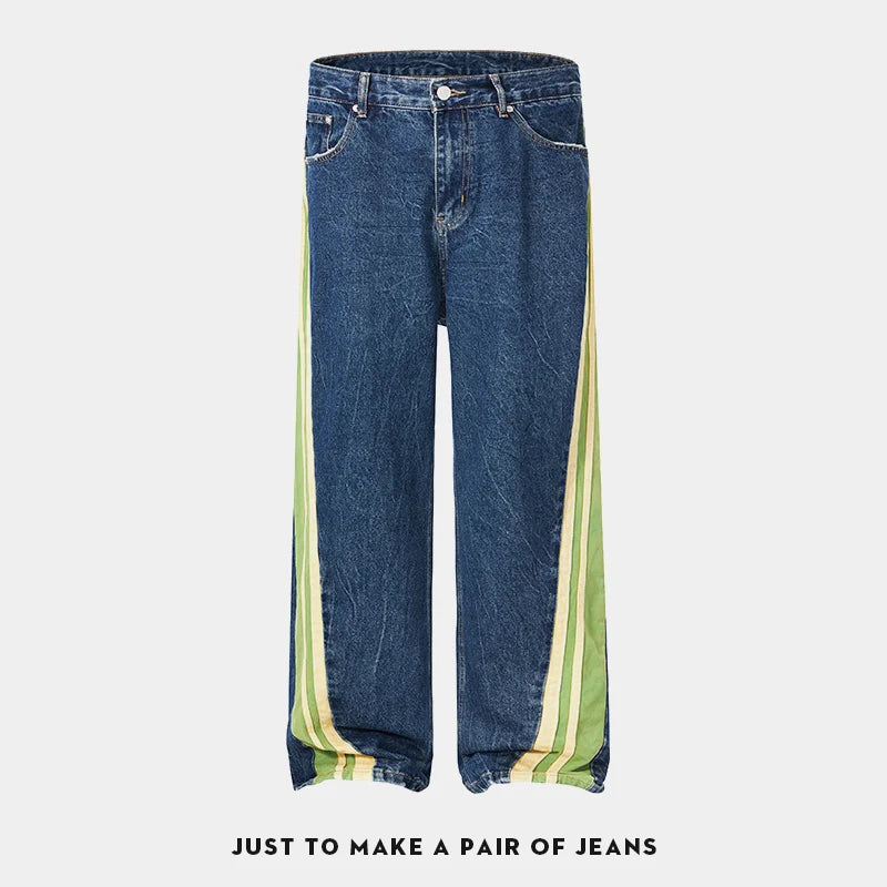 men streetwear fashion side splice hip hop loose casual wide leg straight baggy jeans pant cityboy jeans pants trousers unique jeans style 2628