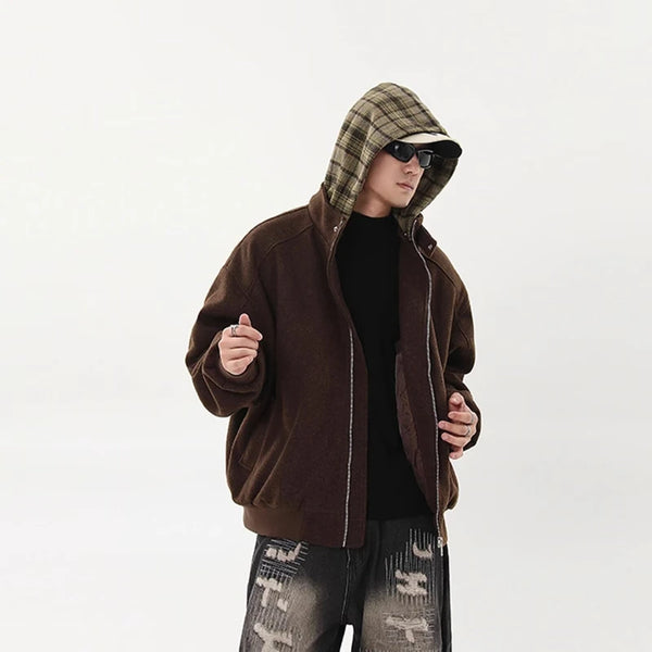 American Hoodie Mens Detachable Hat Grid Pattern Color Block Loose Fak