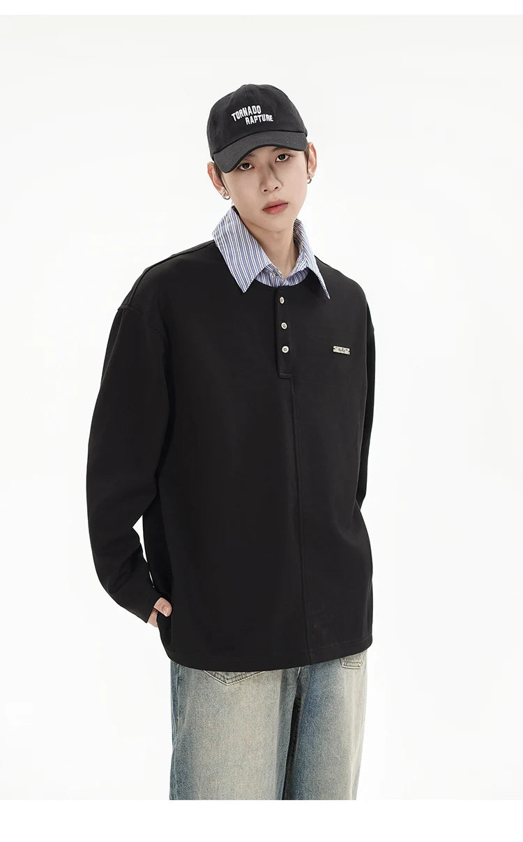 Anime Barcode glitch – Splice Stripe Collar Polo Shirts Men Streetwear Fashion Hip