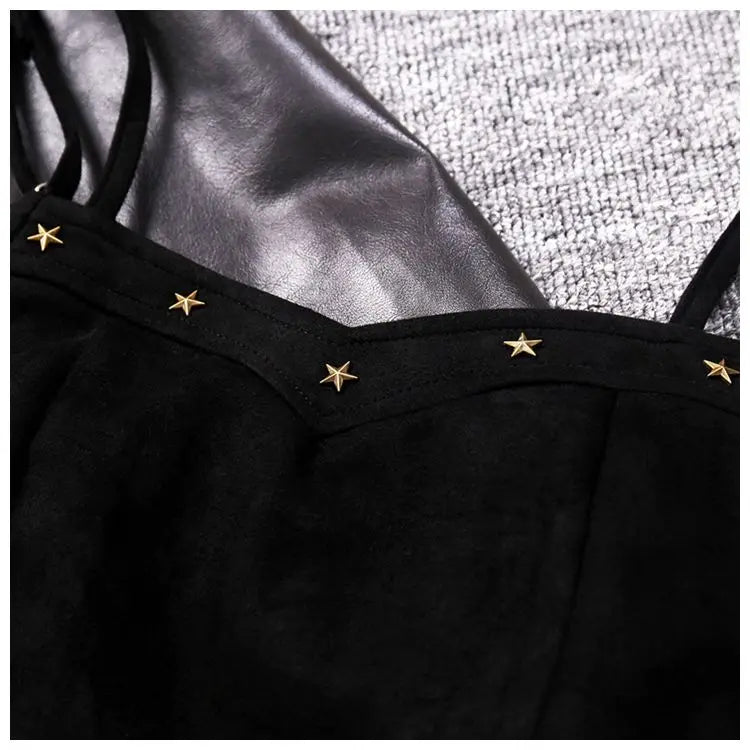 Retro hot girl camisole irregular big swing skirt short leather jacket coffee color set two piece sets womens outifits dress