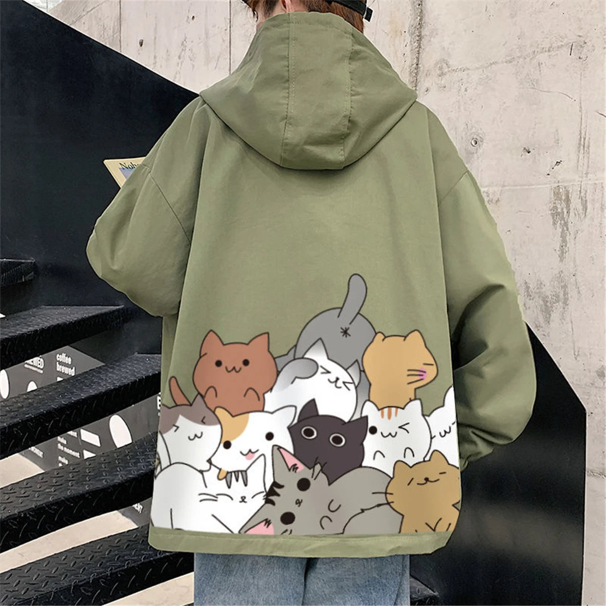 Black Cat Print Baseball Jacket Boys Long Sleeve Loose Ins Harajuku Hi