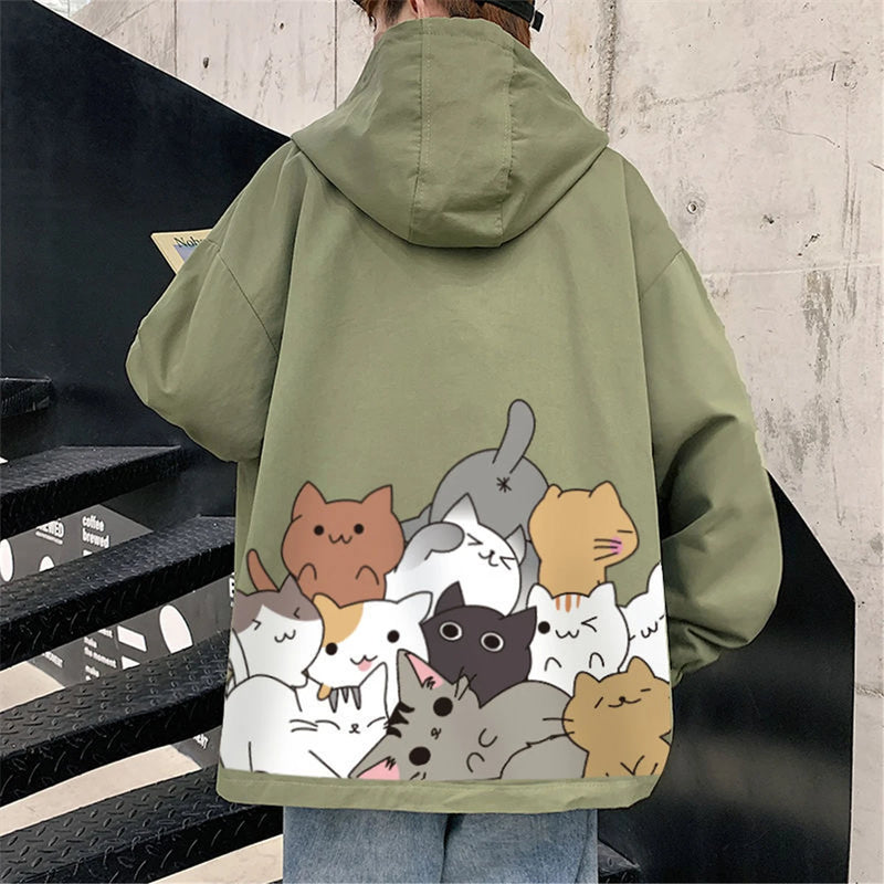 Black Cat Print Baseball Jacket Boys Long Sleeve Loose Ins Harajuku Hi