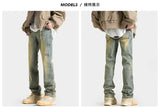 high street slim straight trousers tide vintage washed old colour stars jeans street mens denim trousers 2024 male pants unique jeans style 3326