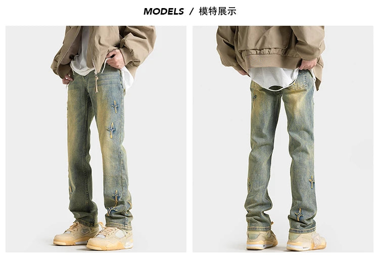 high street slim straight trousers tide vintage washed old colour stars jeans street mens denim trousers 2024 male pants unique jeans style 3326