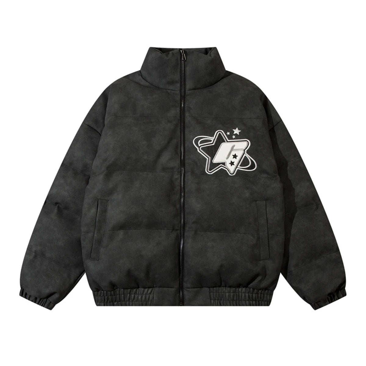 Men PU Leather Warm Jacket Winter Vintage Waterproof Parkas Embroidery Letter Thick Padded Coat Streetwear Hip Hop Loose Parka