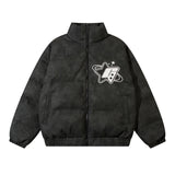 Men PU Leather Warm Jacket Winter Vintage Waterproof Parkas Embroidery Letter Thick Padded Coat Streetwear Hip Hop Loose Parka