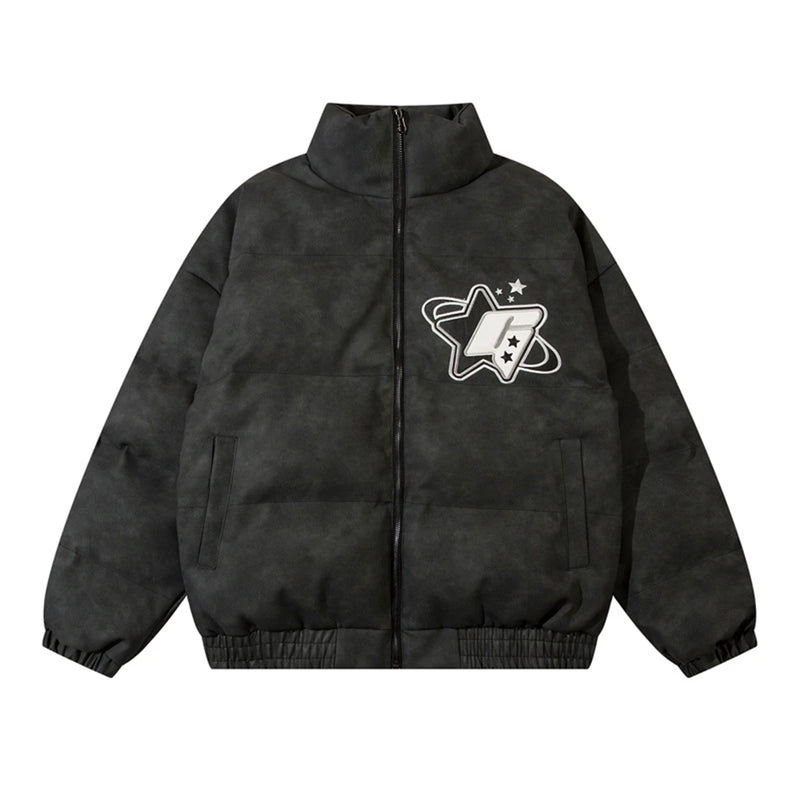 Men PU Leather Warm Jacket Winter Vintage Waterproof Parkas Embroidery Letter Thick Padded Coat Streetwear Hip Hop Loose Parka
