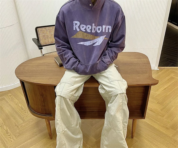 FP Brand Fashion New REEBORN Cracked Slogan Print High-Street Oversized Casual Cotton Hoodie Sweatshirt