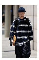 Trendy Fall Fashion Sweater – Autumn Japanese Retro Striped Sweatshirts For Men And Women Y2K Streetwear Crewneck Long Sleeve T Shirts Casual Pocket Knit Tops | Zip Knit Drop #59