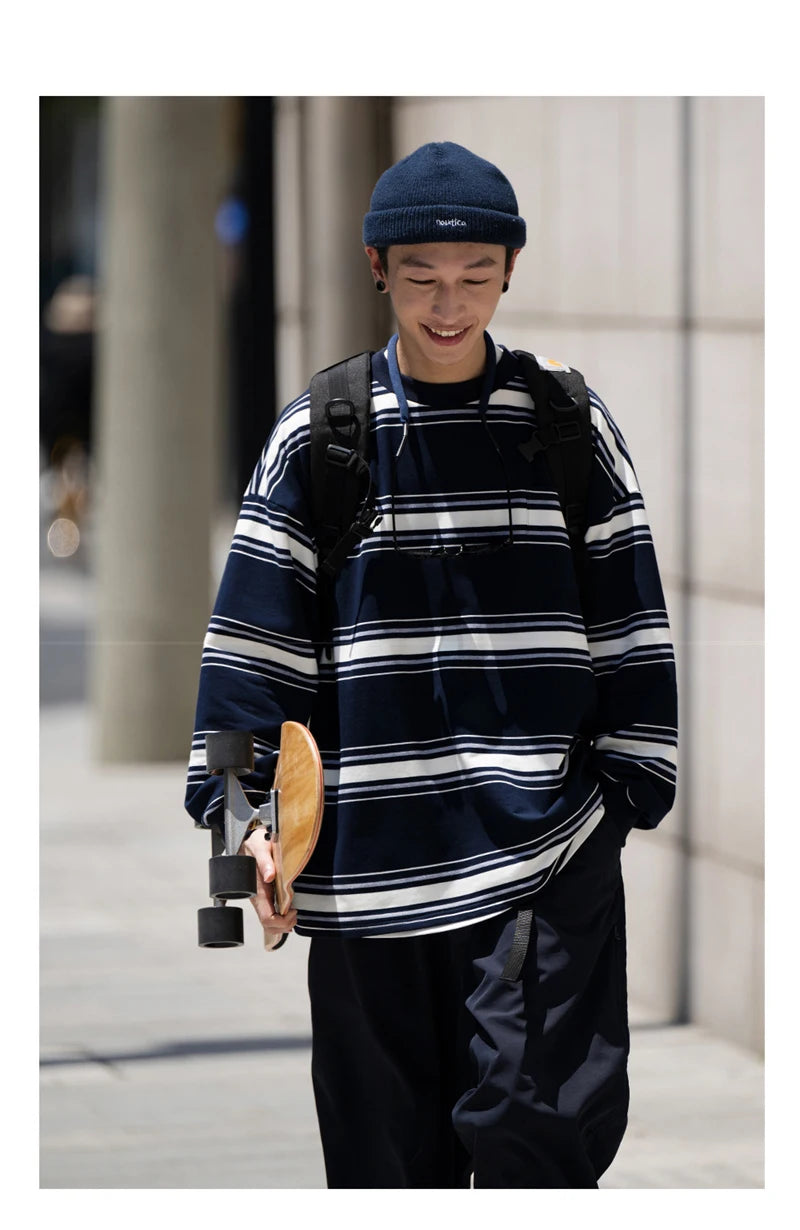 Trendy Fall Fashion Sweater – Autumn Japanese Retro Striped Sweatshirts For Men And Women Y2K Streetwear Crewneck Long Sleeve T Shirts Casual Pocket Knit Tops | Zip Knit Drop #59