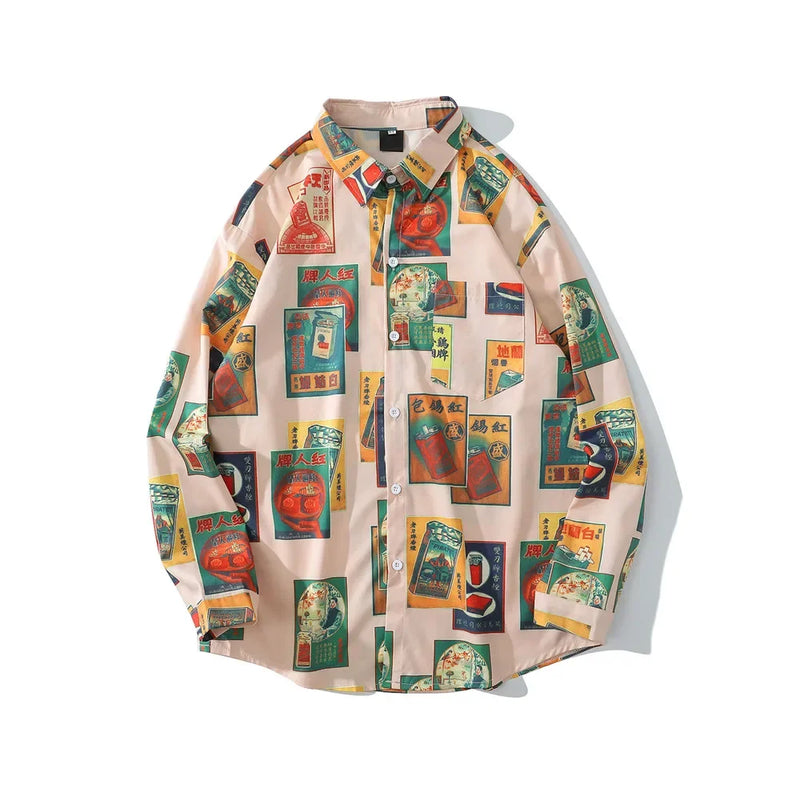 Dark Icon Vintage Printed Shirts Men Turn-down Collar Men's Shirt Streetwear Shirts for Man