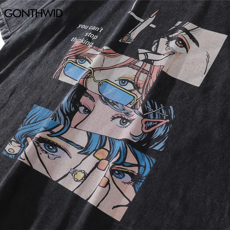 Harajuku Oversized Shirt – Distressed Oversize T Shirt Streetwear Japanese Anime Eyes P – Urban Streetwear for Men & Women