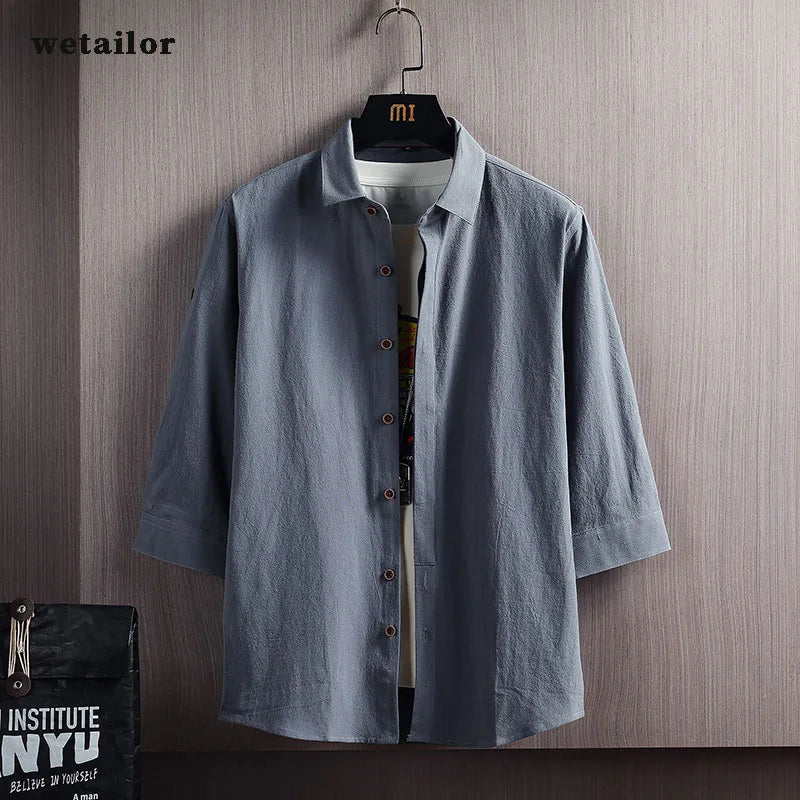 Wetailor New Summer Hot Sale Men's Short Sleeve Shirts Solid Color Easy Care Comfortable Stand-Up Collar Casual Beach Style