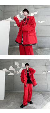 men streetwear fashion loose casual rivet hip hop party dress 2 piece suits blazers jacket pant sets stage clothing costume unique default style 1542