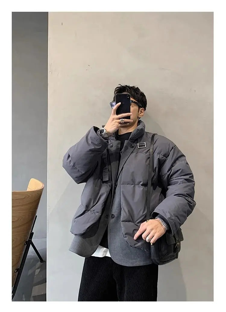Korean street trend men and women retro personality fake two piece design couple winter loose thick casual jacket top harajuku